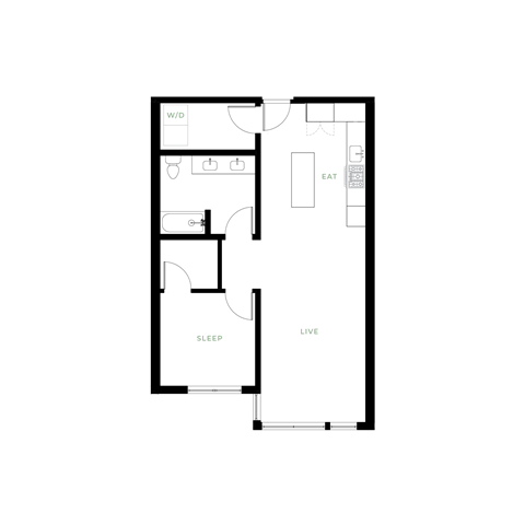 Floor plan for 1 bed, 1 bath, 754 sqft